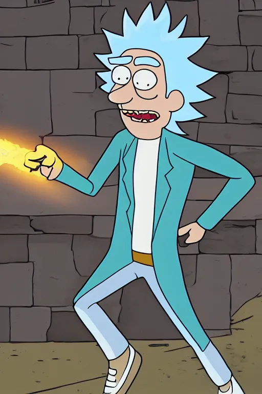 Image similar to hiper-realistic Rick Sanchez from Rick and Morty, running outside, 8k