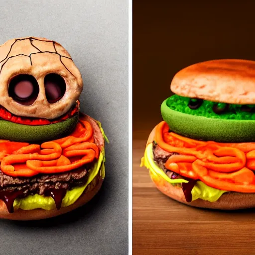 Image similar to a humanoid bipedal upright zombie that strongly resembles a hamburger, professional food photography