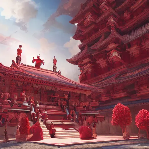 Image similar to a gigantic and minimalistic temple, soft red tone colors, where everyone is an npc, frozen in motion, high detail, artwork, filmgrain, soft tones, soft lighting