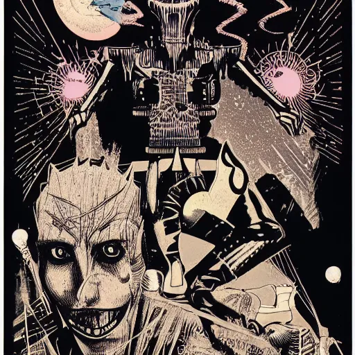 Prompt: 1980 xerox fanzine cutout collage, midnight hour on Venus, punk party, painted part by josan gonzales, part by dan mumford, part by zdzisław beksiński,