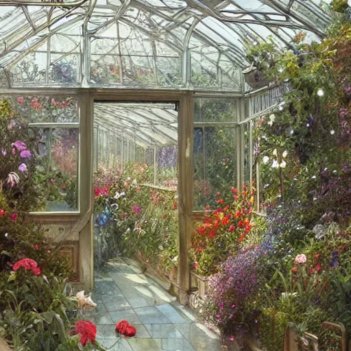 Image similar to a beautifull intricate watercolour painting of a greenhouse with many flowers, reflexions, verry high details by william turner art, greg rutkowski and alphonse mucha, trending on artstation, very very detailed, masterpiece