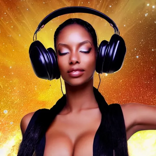 Prompt: sexy nubian goddess on roller skates in outer space with futuristic headphones