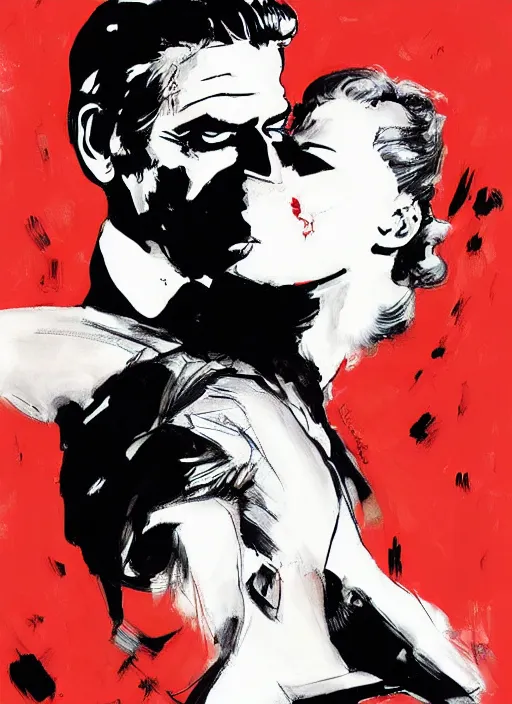 Image similar to george clooney wearing a formal black suit and kim basinger wearing a red dress in love sitting, in the style of ashley wood, in the style of ashley wood, wylie beckert, sam weber, joao ruas, kelsey beckett, james jean