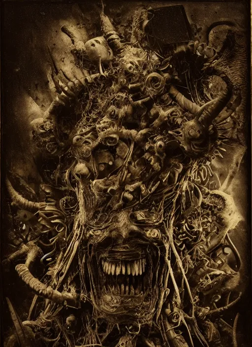 Prompt: old wetplate daguerreotype demons, devil, pain, anger, desolation, angel, explosion of data fragments, fractal, intricate, elegant, highly detailed, parallax, leica, medium format, subsurface scattering, by jheronimus bosch and greg rutkowski and louis jacques mande daguerre