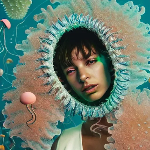 Prompt: flume and former cover art future bass girl un wrapped statue bust curls of hair petite lush fucked up mouth fake smiles front view body droplet vibrant branch futuristic fabric only skin jellyfish fungi material style of Jonathan Zawada, Thisset colours simple background objective