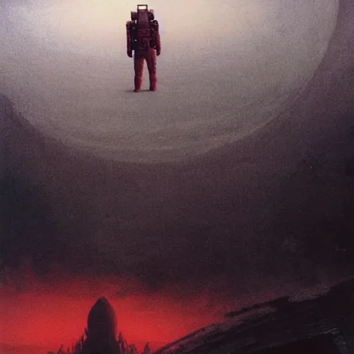 Image similar to ultra realistic, astronaut looking up at big eerie hell cathedral on a destroyed planet, Zdzisław Beksiński style, black and red background, occult, photo realistic, dark atmosphere