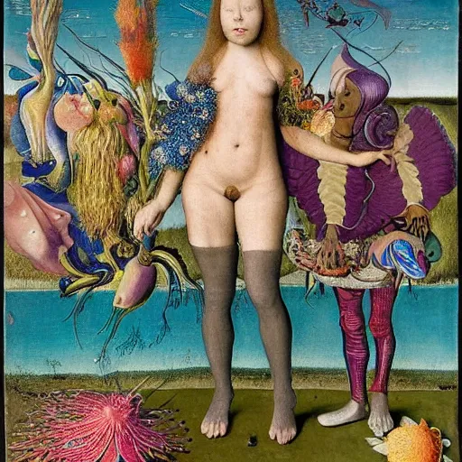 Prompt: a wide landscape with a tattood alien girl with fish scales and feathers swimming with flowers by jan van eyck, ernst fuchs, nicholas kalmakoff, joep hommerson, character, full body, catsuit, max ernst, hans holbein