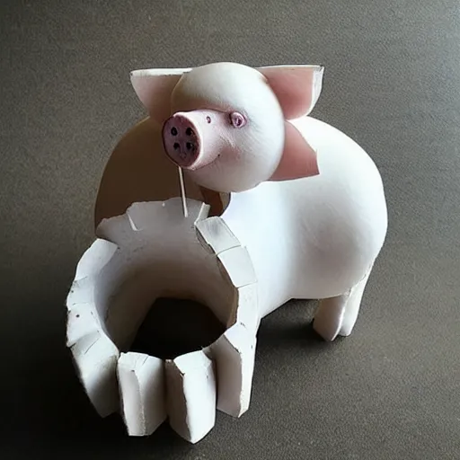 Image similar to “pig sculpture, mixed materials, pork, ikebana white flowers, white wax dripping”