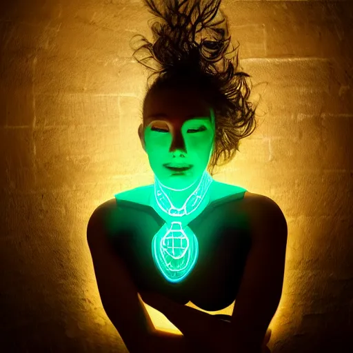 Image similar to beautiful Fine art photography portrait of a solarpunk half robot half human girl with real human face, led lights over lower chest, highly detailed, photorealism, cinematic lighting 8k