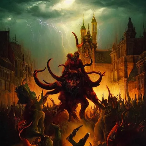 Prompt: baroque oil painting of a demonic magical ritual!!! different realm, cinematic lightning, dark fantasy, acrylic palette knife, high detail, neon, realistic painting by noah bradley and raphael lacoste and ruan jia and marc simonetti