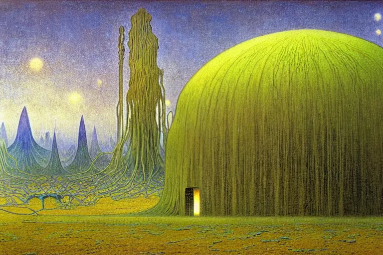 Prompt: realistic detailed landscape painting a single house in a plain field, single ufo in the sky, futuristic sci-fi forest on background by Jean Delville, Amano, Yves Tanguy, Alphonse Mucha, Ernst Haeckel, Edward Robert Hughes, Roger Dean, rich moody colours, blue eyes