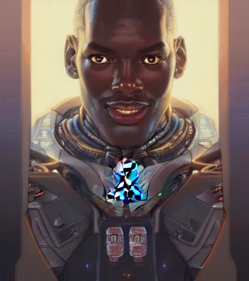 Image similar to symmetry portrait of michael jordan cyberborg ultra detailed, intricate, anime, dynamic lighting, digital art, digital painting, art station, wlop, sharp focus, illustration, art by artgerm and greg rutkowski and alphonse mucha