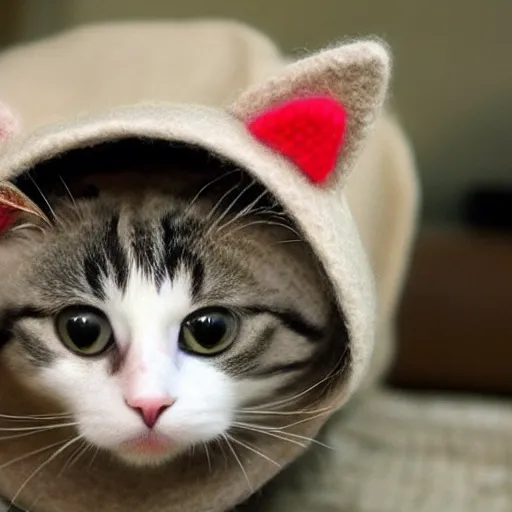 Image similar to cute cat photo, wearing wool hat, tongue sticking out, cat ears