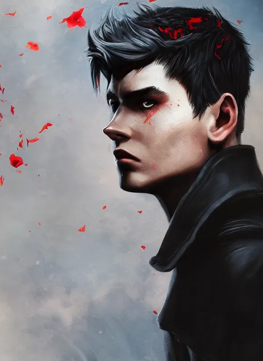 Image similar to An epic fantasy comic book style portrait painting of a young man with black cowlick haircut, wearing black overcoat, red clothes, blue jeans. Unreal 5, DAZ, hyperrealistic, octane render, cosplay, RPG portrait, dynamic lighting