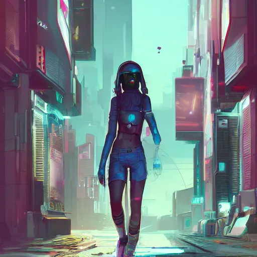 Prompt: a girl walking in cyberpunk street, artstation, professional, very detail