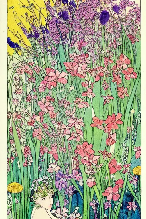 Image similar to beautiful colorful spring flowers, detailed art by kay nielsen and walter crane, illustration style, watercolor