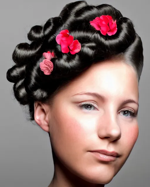 Prompt: a young woman with an extravagant hair style in the style of Erica Rose Levine