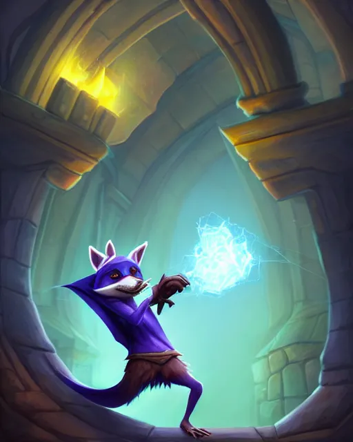 Image similar to 3 d model, highly detailed digital illustration portrait of hooded sorcerer sly cooper raccoon casting a magical glowing spell in a castle, action pose, d & d, magic the gathering, by rhads, lois van baarle, jean - baptiste monge,
