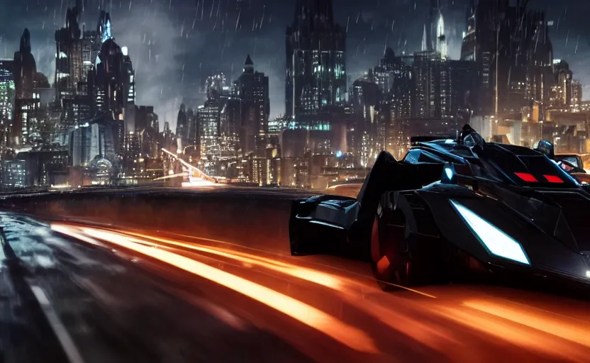 Prompt: A film still of the 2025 Batmobile prototype driving through Gotham at night, 8k