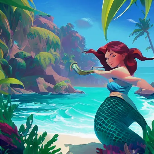 Image similar to painting mermaid treasure on sea of thieves game avatar hero smooth face median photoshop filter cutout vector, behance hd by jesper ejsing, by rhads, makoto shinkai and lois van baarle, ilya kuvshinov, rossdraws global illumination