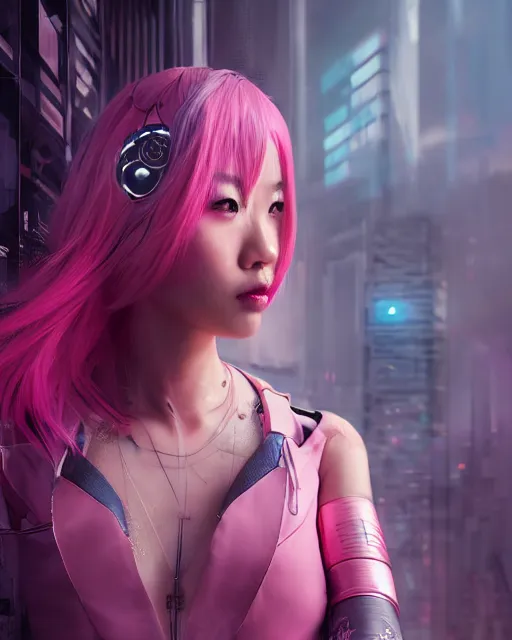 Image similar to portrait of a beautiful asian woman with pink hair as a cyberpunk cyborg half robot, sci - fi, missing panels, intricate abstract upper body intricate artwork, concept art, octane render, deviantart, cinematic, key art, hyperrealism, iridescent accents, portrait photograph, nikon 3 5 mm, photograph by greg rutkowski