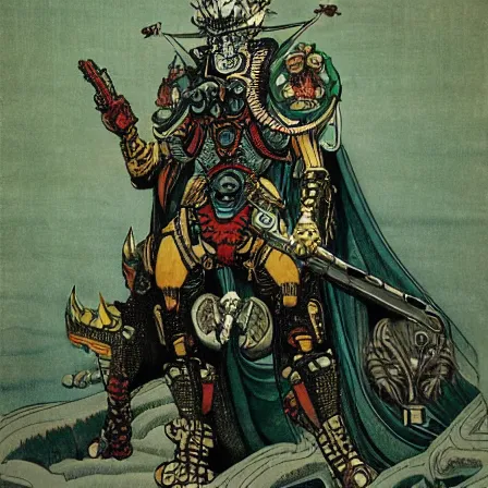 Image similar to still frame from Prometheus by Utagawa Kuniyoshi, lich king Dr doom in ornate bio cybernetic bone armour and skull mask helmet in hells bioship by Wayne Barlowe by peter Mohrbacher by Giger, dressed by Alexander McQueen and by Neri Oxman, metal couture hate couture editorial