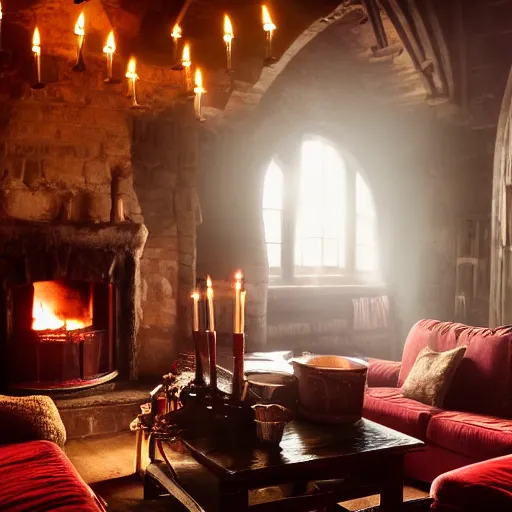 Image similar to A photograph of the Gryffindor common room, cozy arm chairs, a fire burning in the hearth, high ceilings, lit by many candles, light rays