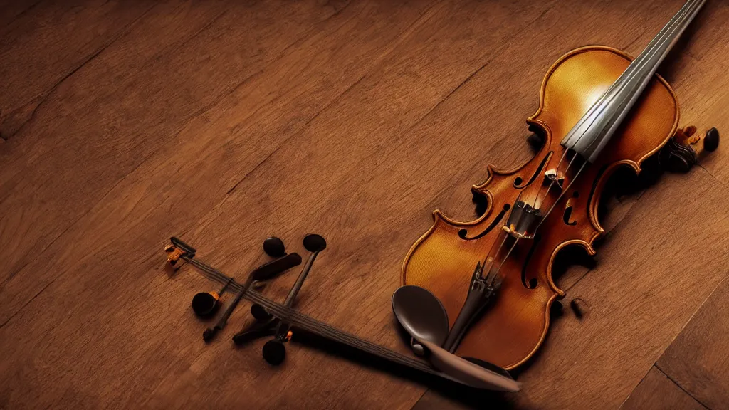 Image similar to a violin on an ancient wood table in victorian house, close up, 3/4 view, beautifull reflexions, detailed, photorealistic, octane render