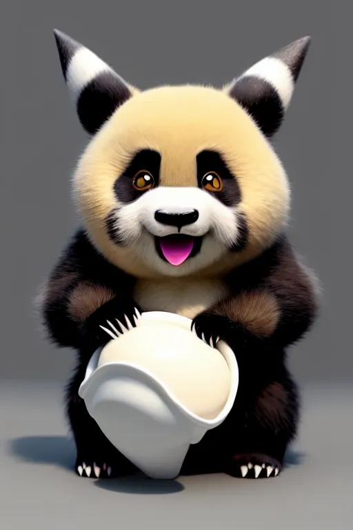 Prompt: high quality 3 d render hyperrealist very cute gothic grumpy panda & dragon hybrid eating ice cream, vray smooth, in the style of detective pikachu, very dramatic light, low angle, uhd 8 k, shallow depth or field