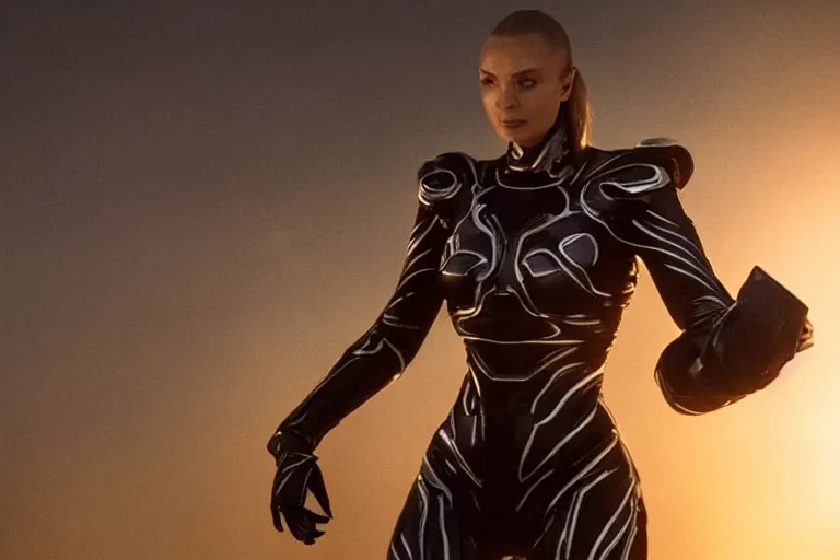 Image similar to VFX movie closeup portrait of a futuristic inhuman alien hero woman in spandex armor in future city, hero pose night lighting by Emmanuel Lubezki