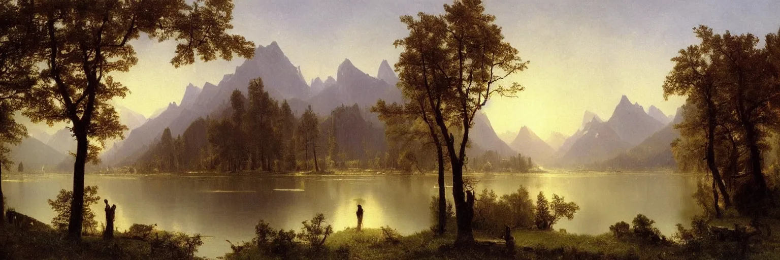 Image similar to beautiful albert bierstadt landscape painting of beautiful mountains and lakes with a mcdonald ’ s fast food restaurant in the scene