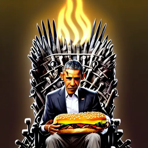 Image similar to barrack obama eating a cheese burger sitting on the iron throne, concept art, intricate, highly detailed, 8 k, trending on artstation, art greg rutkowski, by jordan grimmer