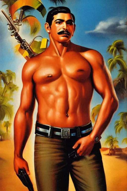 Prompt: Hunky Mexican Cop by Manuel Sanjulian and Boris Vallejo