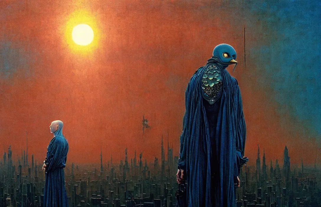 Image similar to realistic detailed portrait movie shot of a birdman in dark ragged robes, futuristic city sunset landscape background by denis villeneuve, amano, yves tanguy, alphonse mucha, ernst haeckel, max ernst, roger dean, masterpiece, rich moody colours, blue eyes, hyperdetailed