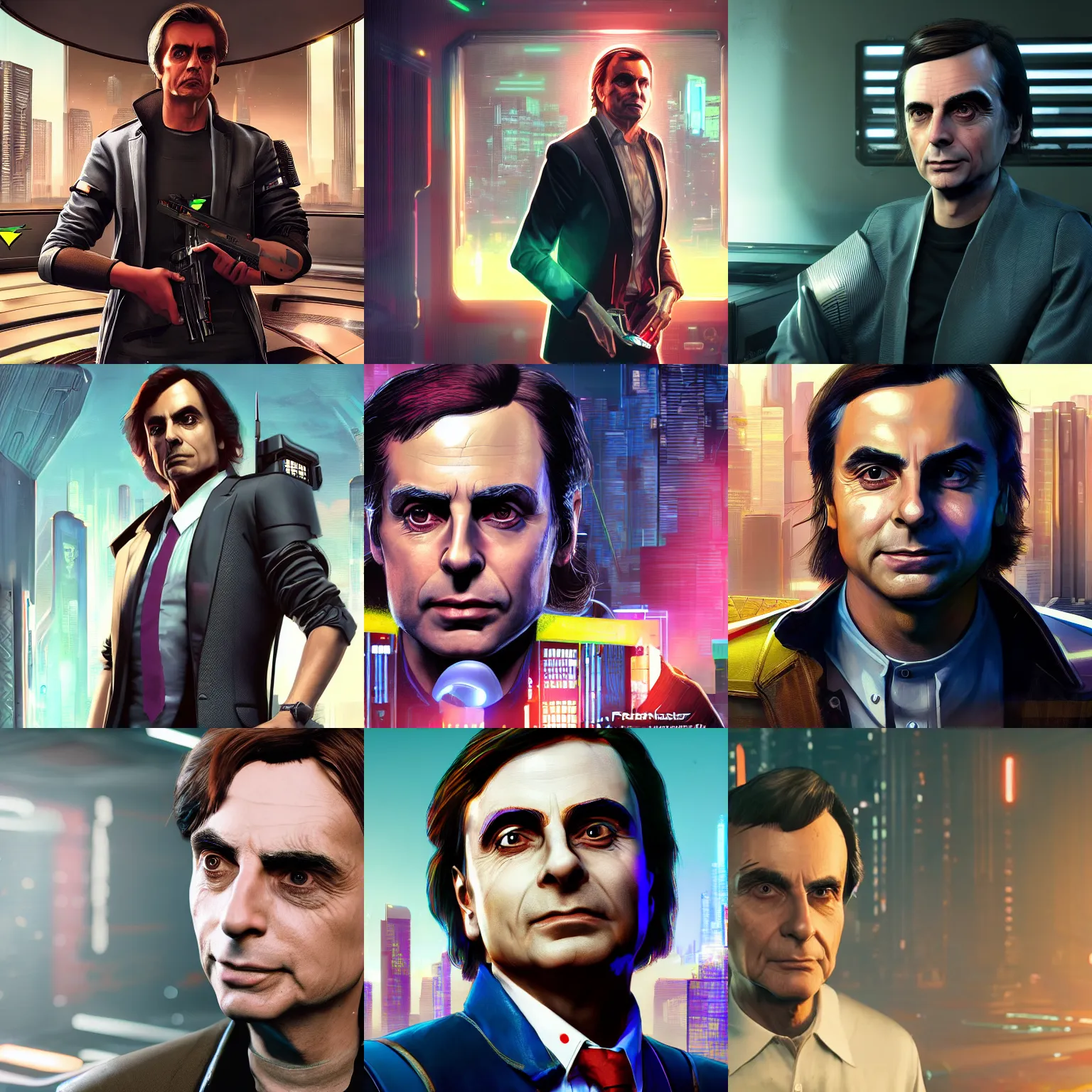 Prompt: handsome carl sagan portrait cyberpunk 2 0 7 7. cp 2 0 7 7. 3 8 4 0 x 2 1 6 0