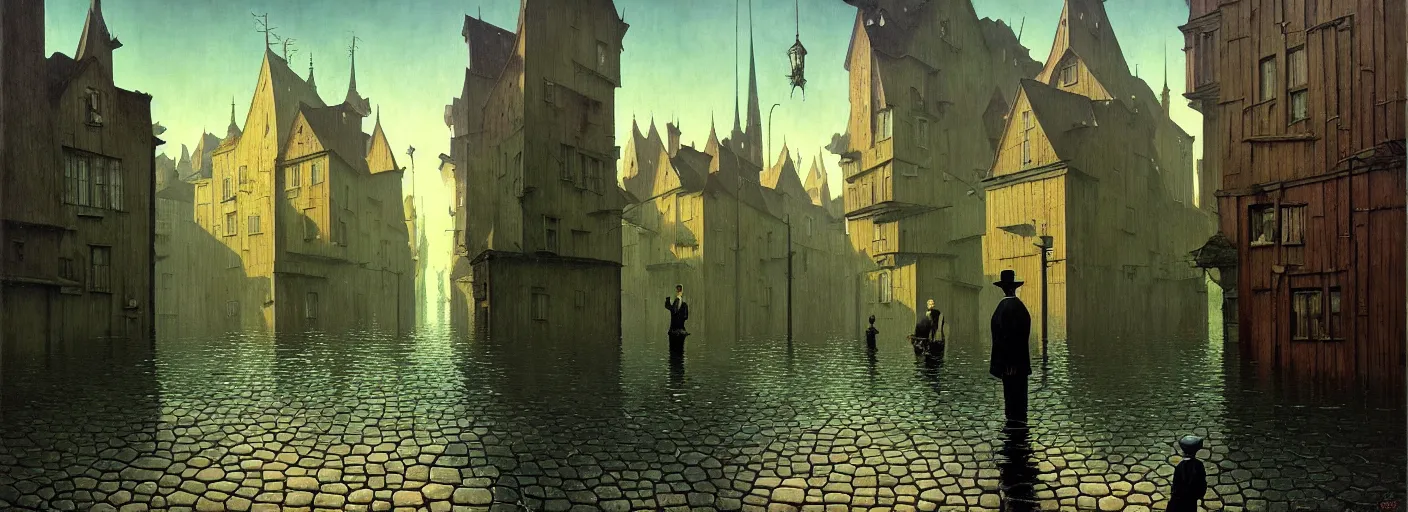 Image similar to flooded! old dark scary wooden empty cursed city street, very coherent and colorful high contrast masterpiece by gediminas pranckevicius rene magritte norman rockwell franz sedlacek, full - length view, dark shadows, sunny day, hard lighting, reference sheet white background