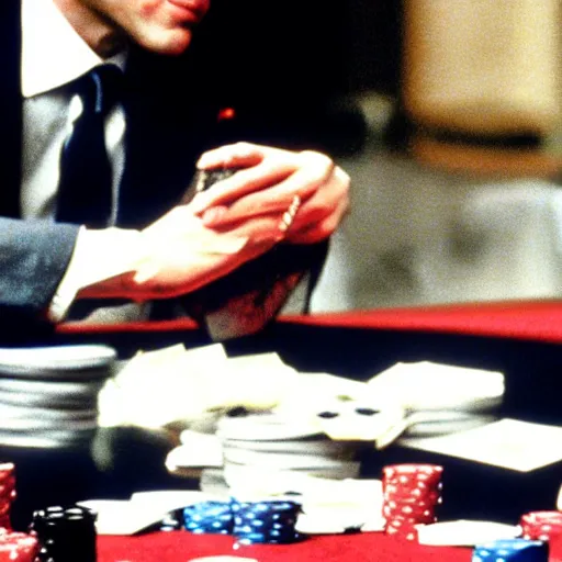 Image similar to Emmanuel Macron, playing poker with the devil, in American Psycho (1999)