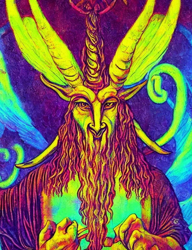 Prompt: the ancient god Baphomet, horned god of wisdom gnostic mystery religion, oil painting (beautiful), chromatic aberration strange colors