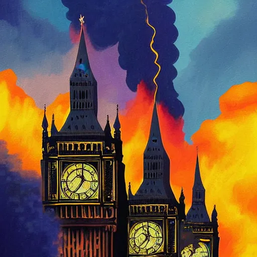 Prompt: dynamic painting of the Big Ben being blown up by a bomb, explosion, smoke, fire, made by Sylvain Sarrailh
