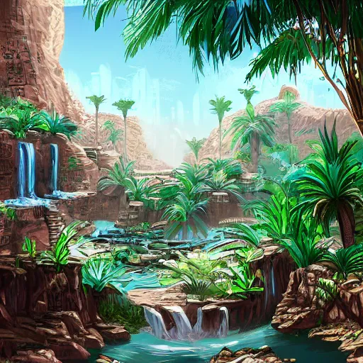 Image similar to a ancient egyptian city with plants and waterfalls, digital art retrowave art,trending on art station