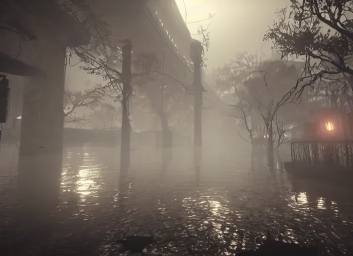 Image similar to dark, misty, foggy, flooded new york city street swamp in Destiny 2, liminal creepy, dark, dystopian, abandoned highly detailed 4k in-game destiny 2 screenshot gameplay showcase