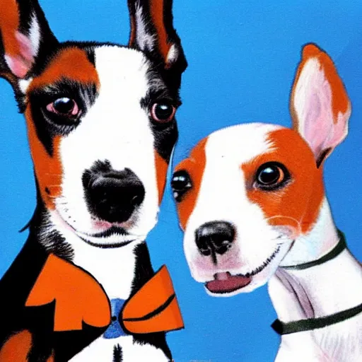 Image similar to biplane flying, piloted by identical 3 dogs, toy fox terrier breed, black and white spots, panting, tin tin painting