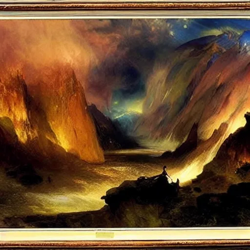 Image similar to political cartoon robust, atmospheric by thomas moran. conceptual art. paralyzed by the indescribable beauty of the cosmos.
