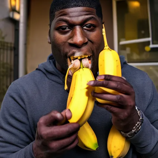 Image similar to angry gucci mane eating bananas in the hood, 8k resolution, full HD, cinematic lighting, award winning, anatomically correct