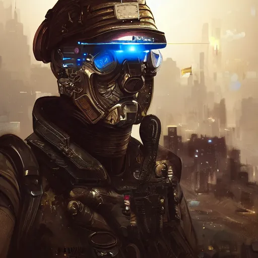 Image similar to portrait of a soldier in an a cyberpunk army, cyberpunk setting, futuristic, highly detailed, intricate lighting, digital painting, sharp focus, illustration, trending on artstation.