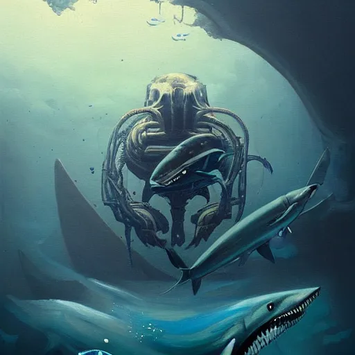 Image similar to beautiful painting of a white armored sharkman exploring the bottom of the ocean in the style of Simon Stålenhag and H. R. Giger, detailed, trending on Artstation