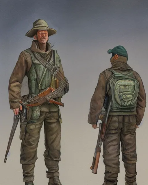 Prompt: a oil / watercolor painting full body character portrait of a accounting rifleman in the style of moebius in the style of leonard boyarsky trending on artstation deviantart pinterest detailed realistic hd 8 k high resolution