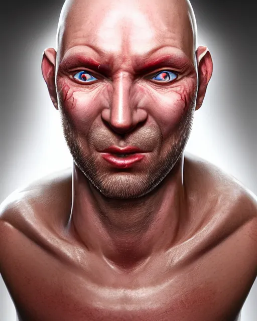 Prompt: portrait of a 4 0 - year - old bald man without nose, with a white complexion, cat - like scarlet eyes,, and a thin mouth, hyper realistic face, beautiful eyes, character art, art by mark brooks, hyperdetailed, cryengine, trending on artstation, digital art