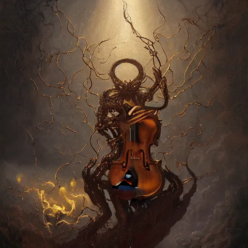 Image similar to bold simple lifelike humanoid baroque oil painting of close view of an ornate gothic violin interior with gold spidery embellishments, night, smoke, ground fog, by peter mohrbacher, by frank frazetta, by alan lee, john howe, da vinci, large depth of field, super detailed, digital art, trending on artstation, ornate