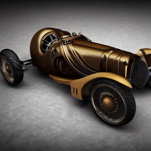 Prompt: vintage steampunk sportscar with intricate details, Retro 1940s-Inspired race-car concept is powered by an electric drivetrain, Steam PunK Car in 3d max corona render image